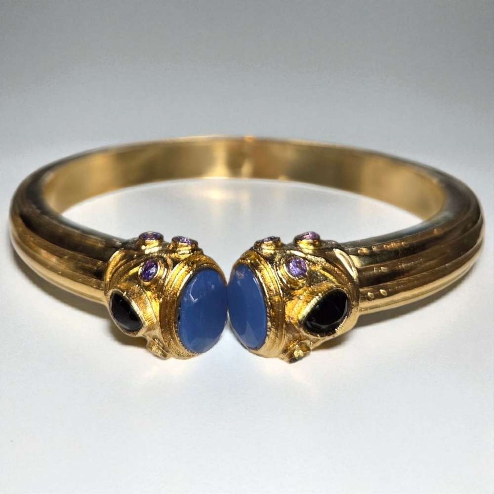 Etruscan 18k Gold Plated Blue Chalcedony Onyx Amethyst Chunky Bracelet - Picture 3 of 7